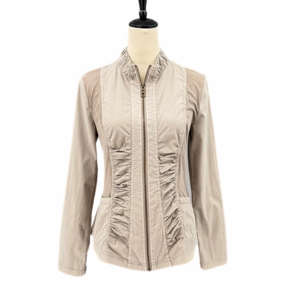 XCVI Beige Cotton Blend Ruffle Ruched Lace Up Beige Lightweight Zip Up Jacket